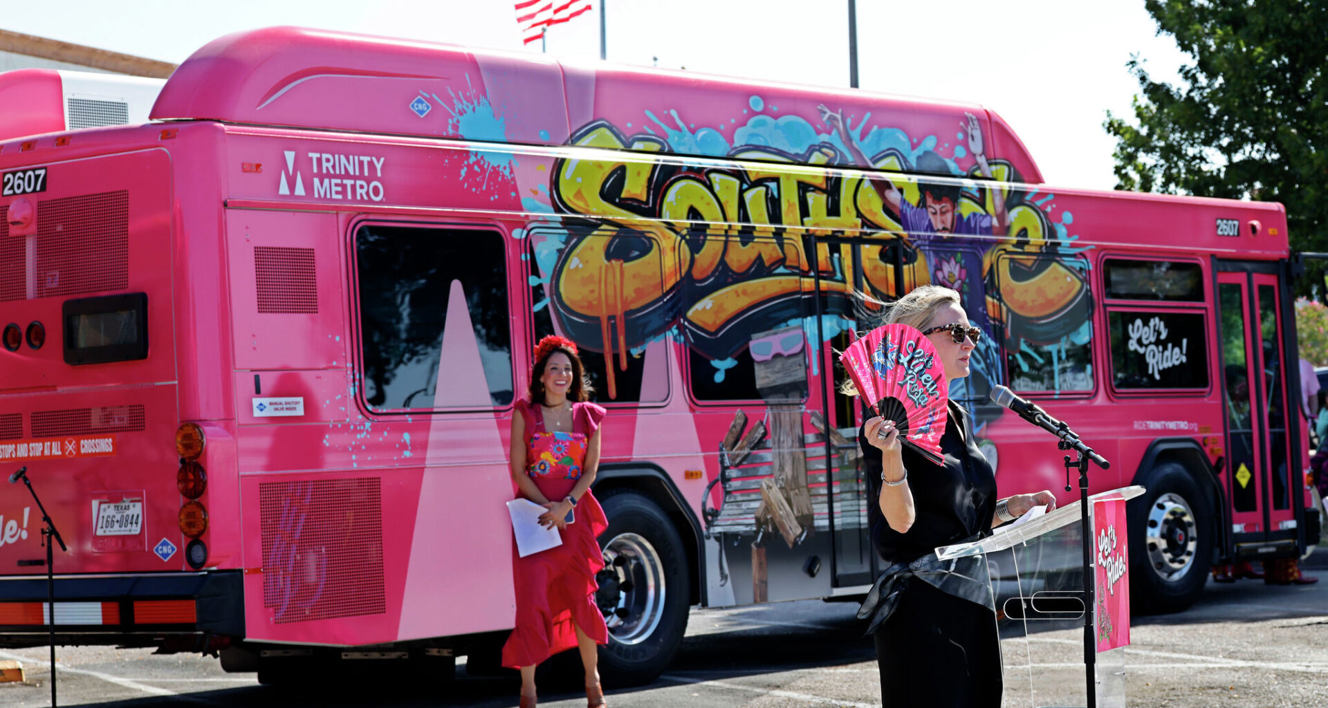 Fort Worth Mayor Mattie Parker speaks, Tuesday, Sept. 15, 2026, during an event to unveil Trinity Metro's newest color line bus, “La Linea Rosa.” at La Gran Plaza de Fort Worth.