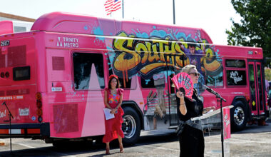 Fort Worth Mayor Mattie Parker speaks, Tuesday, Sept. 15, 2026, during an event to unveil Trinity Metro's newest color line bus, “La Linea Rosa.” at La Gran Plaza de Fort Worth.