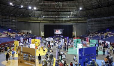 People enter the arena floor during a farewell event for the Fort Worth Convention Center arena on Sunday, Sept. 20, 2026, in Fort Worth.