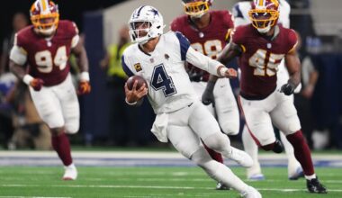 Prescott throws 4 TD passes as Cowboys beat Commanders, who again lose Daniels to dislocated elbow