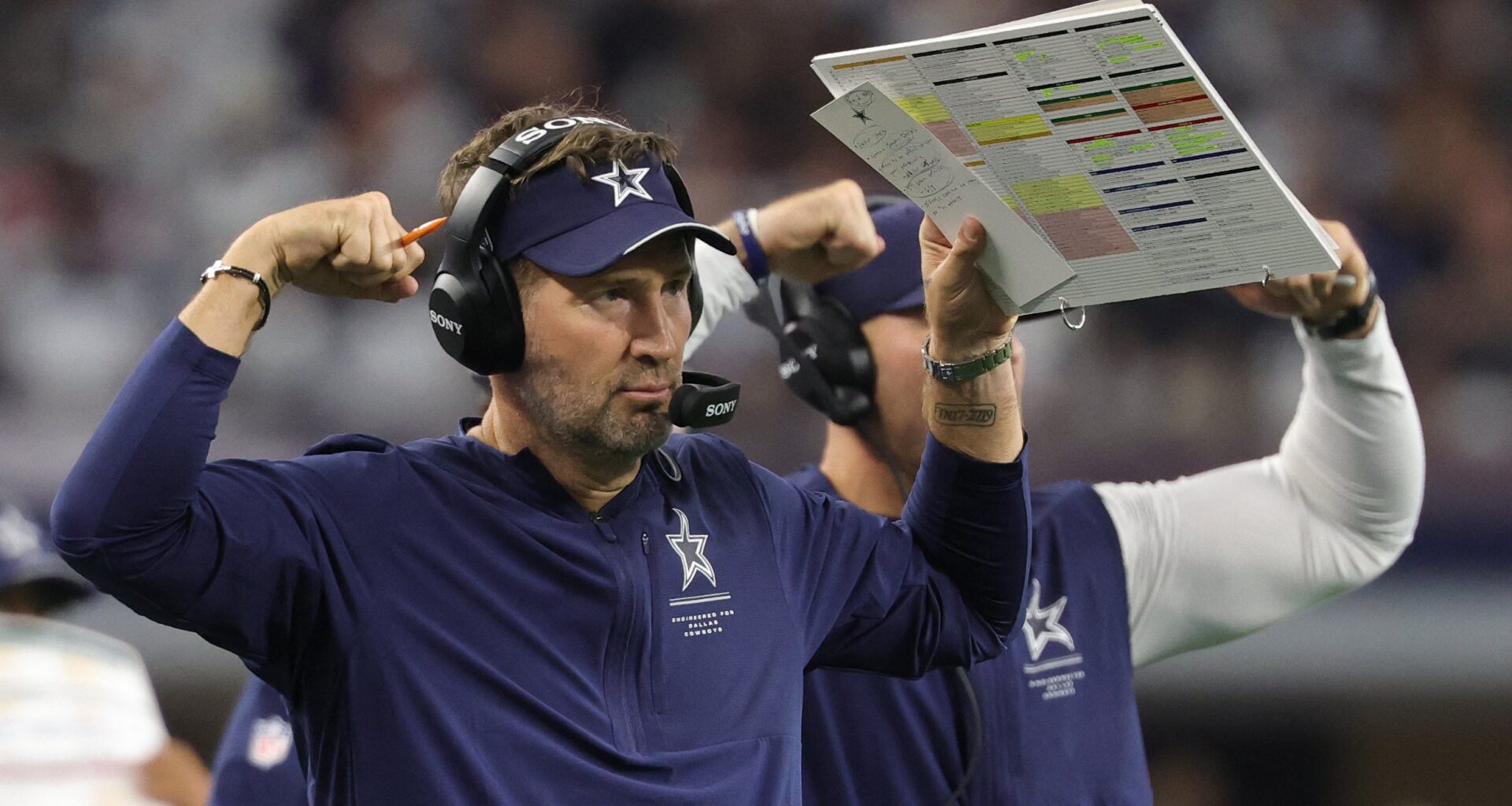 Sep 20, 2026; Arlington, Texas, USA; Dallas Cowboys head coach Brian Schottenheimer instructs his team from the sideline against the Washington Commanders during the second half at AT&T Stadium.