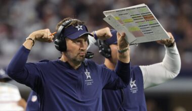 Sep 20, 2026; Arlington, Texas, USA; Dallas Cowboys head coach Brian Schottenheimer instructs his team from the sideline against the Washington Commanders during the second half at AT&T Stadium.