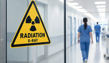 Medical lab hallway with radiation sign
