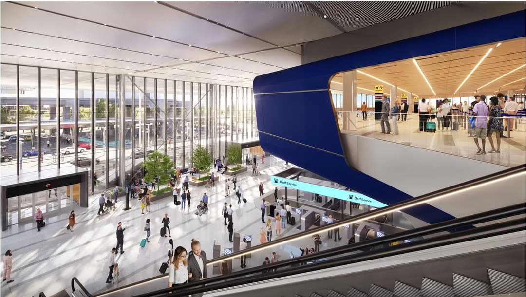 Rendering of a modern airport terminal with travelers, self-service check-in, escalators, and floor-to-ceiling windows.