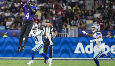 Baltimore Ravens kicker Tyler Loop (33) celebrates with safety Kyle Hamilton (14) and cornerback Marlon Humphrey (44) after kicking a 56 yard field game-winning field goal on the final play of a victory over the Dallas Cowboys in an NFL football game at Maracanã Stadium on Sunday, Sept. 27, 2026, in Rio de Janeiro, Brazil.