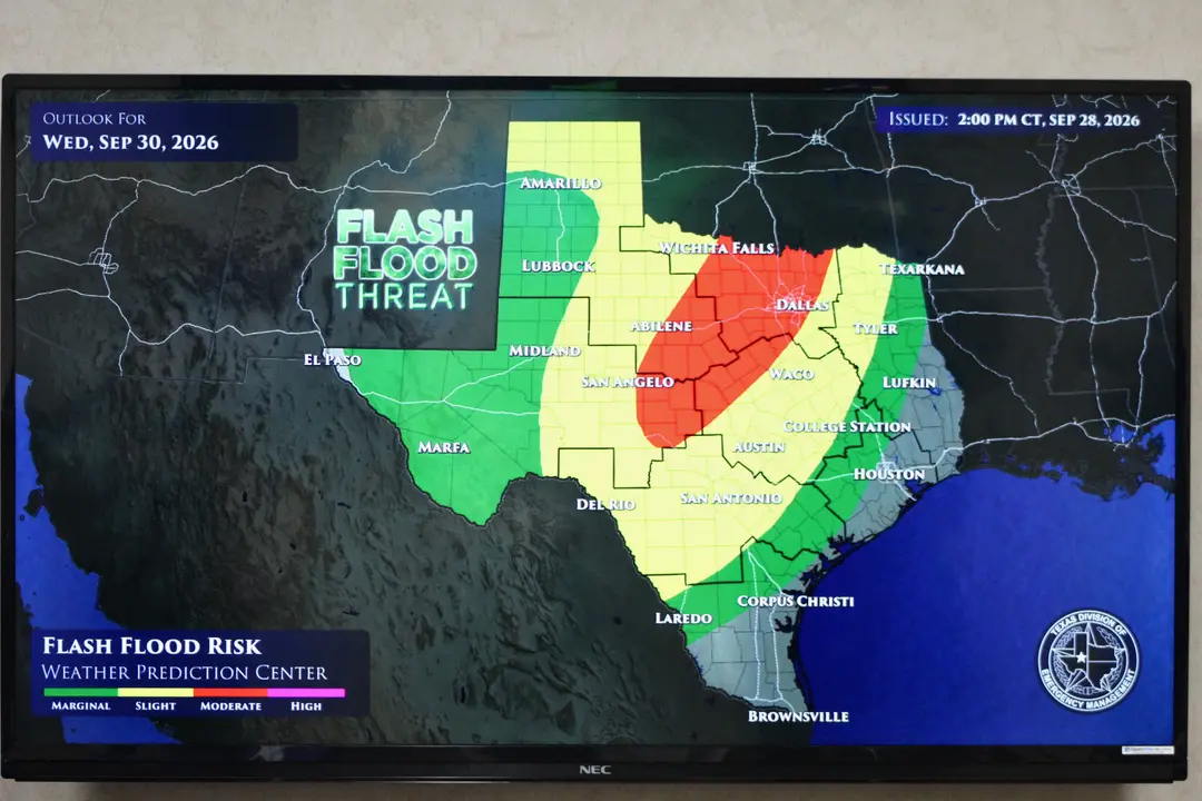 A red, green and yellow map showing a Sept. 30 forecast of flash flooding threats in Texas.