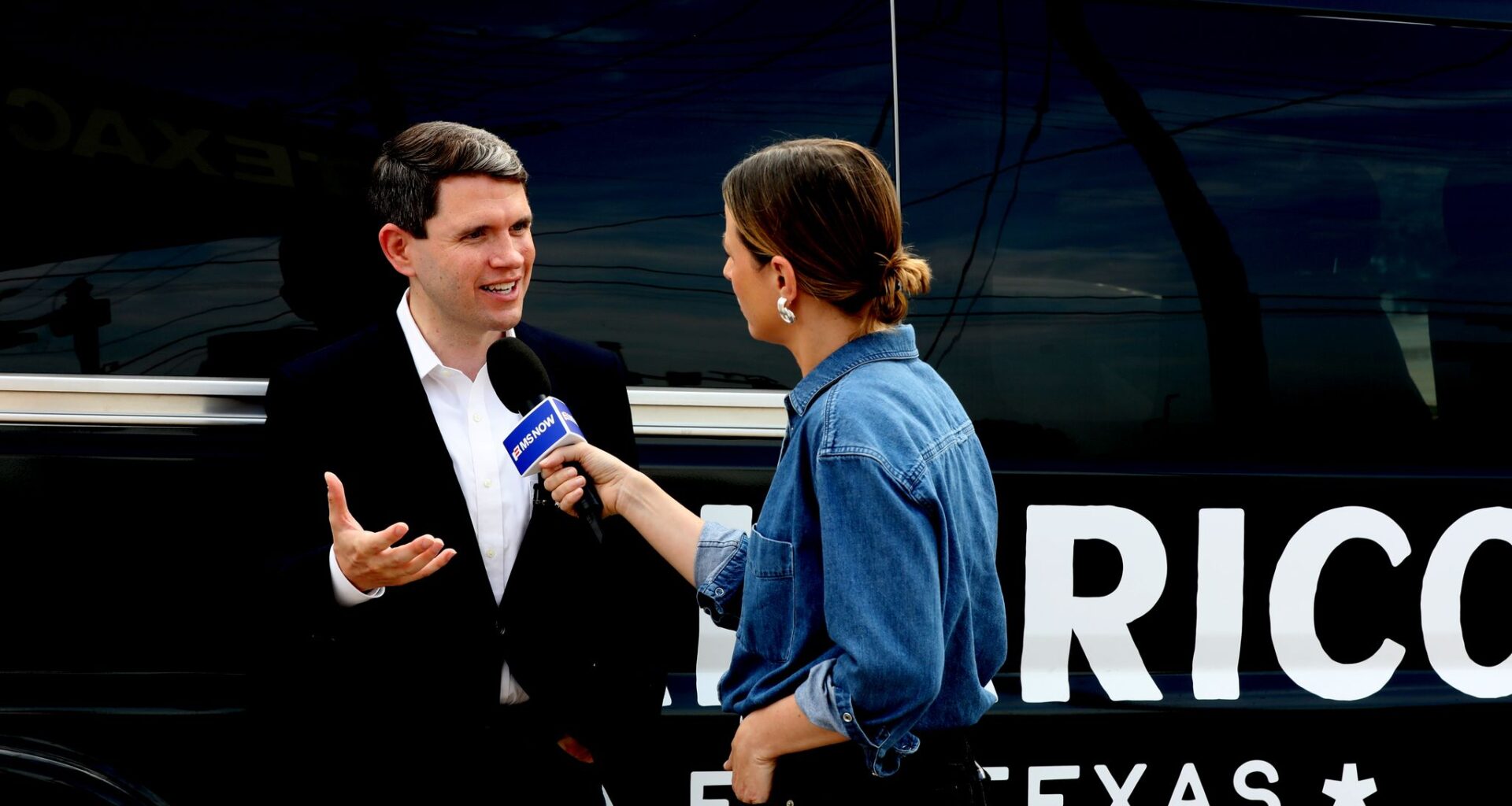 Democratic Senate candidate James Talarico being interviewed Saturday after a news conference at a gas station in Carrollton.
