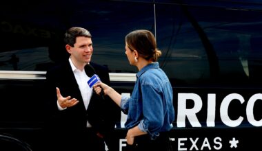 Democratic Senate candidate James Talarico being interviewed Saturday after a news conference at a gas station in Carrollton.
