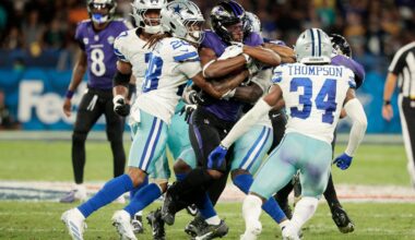 Football - NFL - Baltimore Ravens v Dallas Cowboys - Estadio Maracana, Rio de Janeiro, Brazil - September 27, 2026 Baltimore Ravens' Justice Hill in action with Dallas Cowboys' Shavon Revel Jr.
