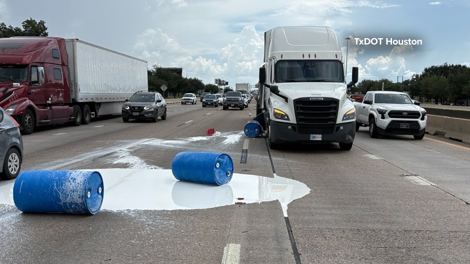 TxDOT shared images of the hazmat spill, causing a shutdown of multiple northbound lanes on the Gulf Freeway.