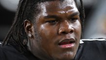 Nov 2, 2023; Pittsburgh, Pennsylvania, USA; Pittsburgh Steelers offensive tackle Broderick Jones (77) in a game against the Tennessee Titans at Acrisure Stadium.