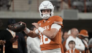 Nov 28, 2025; Austin, Texas, USA; Texas Longhorns quarterback Arch Manning warms up before a game against the Texas A&M Aggies at Darrell K Royal-Texas Memorial Stadium. Mandatory Credit: Scott Wachter-Imagn Images