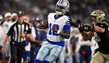 Aug 28, 2026; Arlington, Texas, USA; Dallas Cowboys quarterback Joe Milton III (10) is pushed out of bounds by New Orleans Saints linebacker Danny Stutsman (28) in the first quarter at AT&T Stadium.