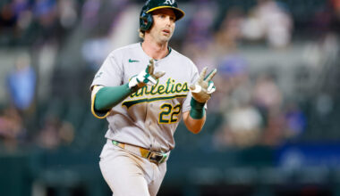 Sep 1, 2026; Arlington, Texas, USA;  Athletics second baseman Jeff McNeil (22) celebrates hitting a home run during the ninth inning against the Texas Rangers at Globe Life Field.  Mandatory Credit: Andrew Dieb-Imagn Images
