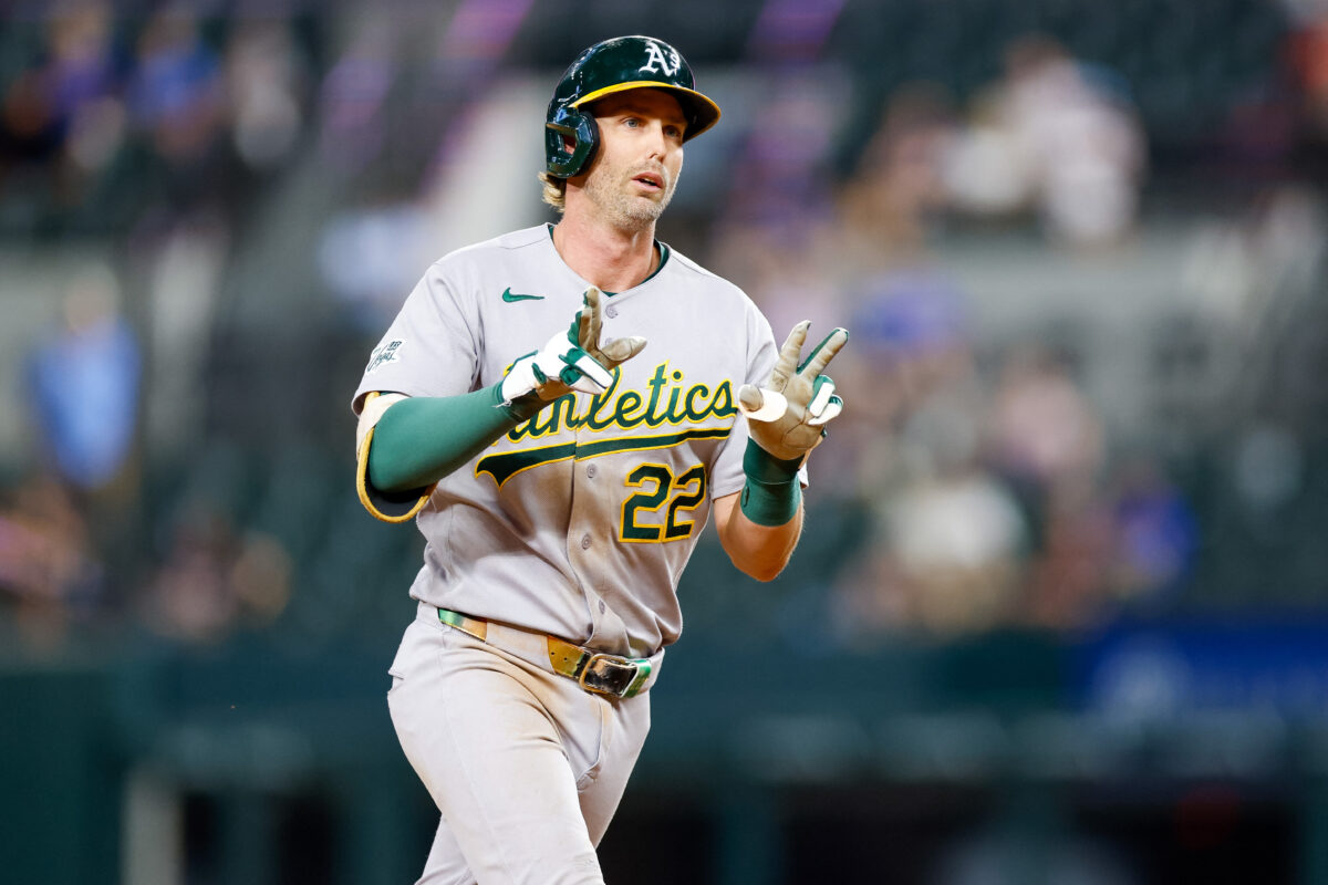 Sep 1, 2026; Arlington, Texas, USA;  Athletics second baseman Jeff McNeil (22) celebrates hitting a home run during the ninth inning against the Texas Rangers at Globe Life Field.  Mandatory Credit: Andrew Dieb-Imagn Images