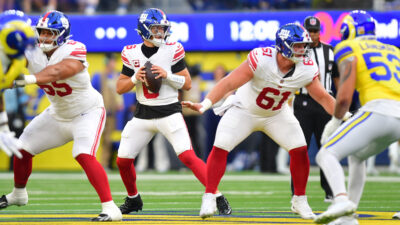 Sep 21, 2026; Inglewood, California, USA; New York Giants quarterback Jaxson Dart (6) drops to throw during the first quarter against the Los Angeles Rams at SoFi Stadium.