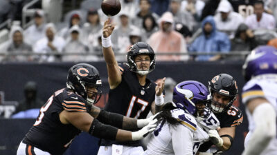 Sep 20, 2026; Chicago, Illinois, USA; Chicago Bears quarterback Tyson Bagent (17) passes the ball against the Minnesota Vikings during the second half at Soldier Field.
