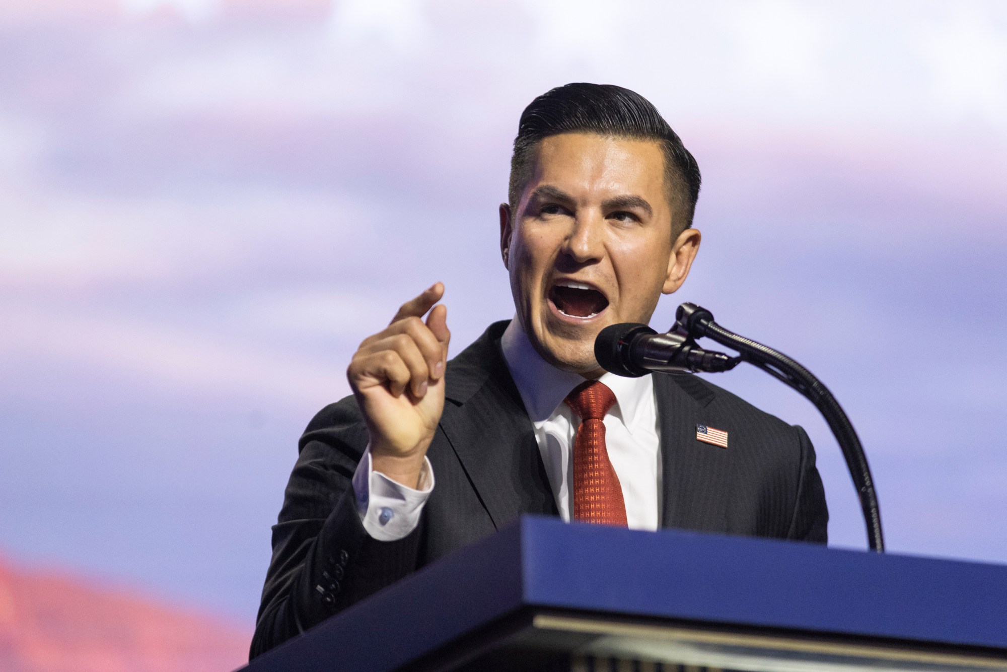 Eric Flores, Republican nominee for the 34th Congressional District, speaks at the 2026 Republican Convention in Dallas on Sept. 9, 2026.