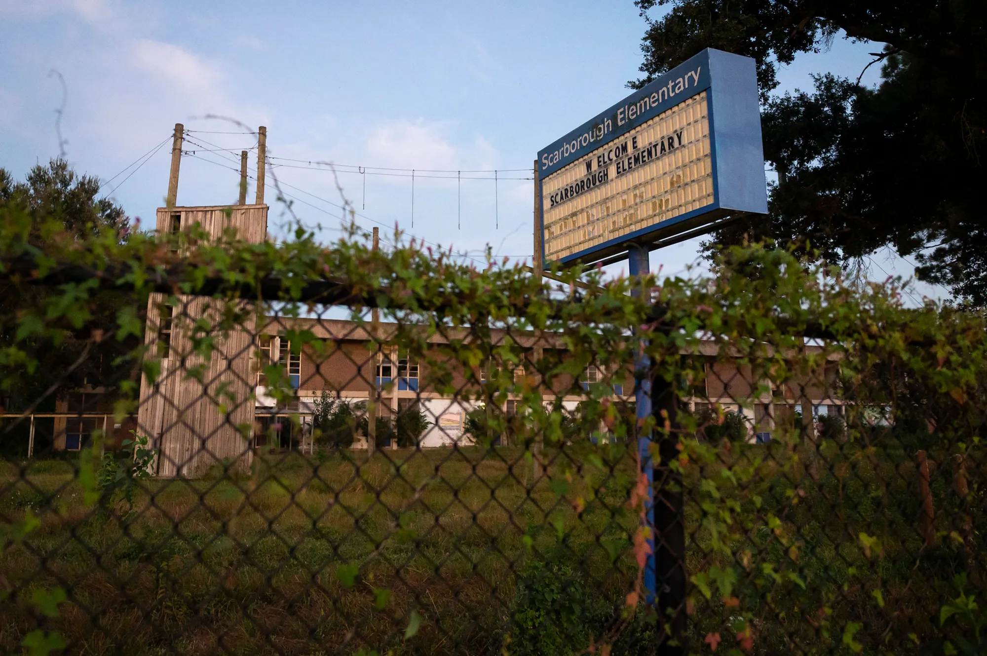 The original, abandoned Terrell Middle School building in north Houston on Sept. 16, 2026. It is one of dozens of plots of land HISD put for sale to make a little revenue as the cost of NES adds up. The school closed in 1991 and later became a campus for Scarborough Elementary, which was displaced by flooding from Hurricane Harvey.