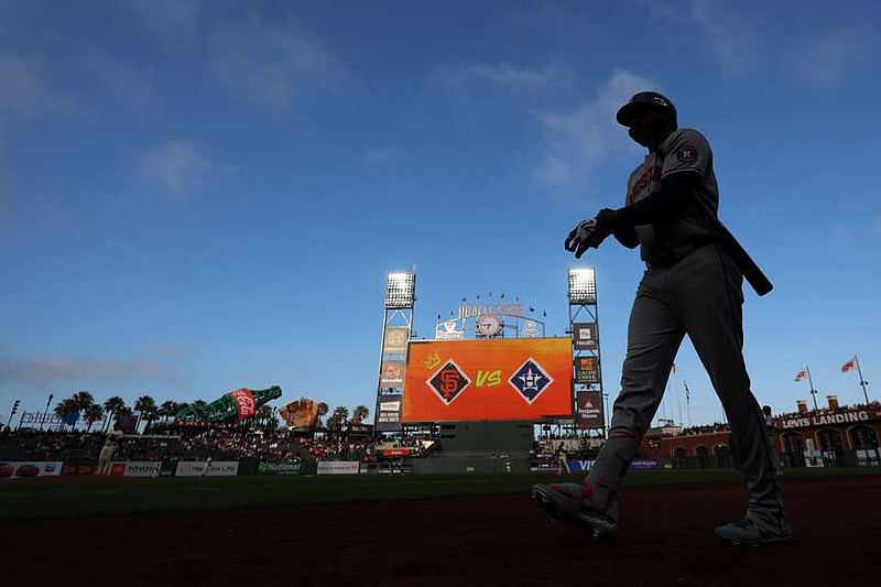 Houston Astros' Yordan Alvarez walks to the plate during the first inning of a baseball game against the San Francisco Giants in San Francisco, Monday, Aug. 10, 2026. (AP Photo/Jed Jacobsohn)