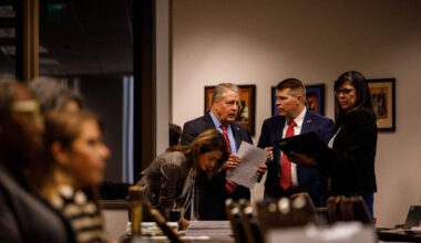 Texas State Board of Education chair Aaron Kinsey speaks to other board members during a SBOE meeting on April 12, 2024. Julius Shieh/KUT News