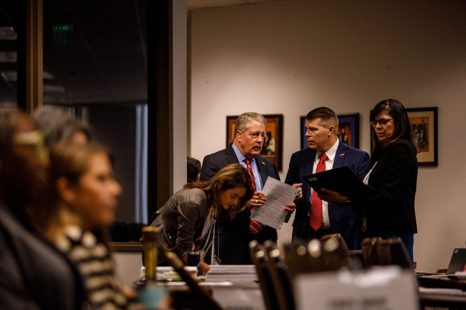 Texas State Board of Education chair Aaron Kinsey speaks to other board members during a SBOE meeting on April 12, 2024. Julius Shieh/KUT News