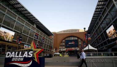 The American Airlines Center is seen as preparations continue ahead of the Republican National Committee (RNC) Midterm Convention in Dallas, Texas on September 8, 2026. The convention, announced by Trump as the first national Republican gathering held during a midterm election year, is expected to draw the president alongside Vice President JD Vance and other Republican leaders as the party looks to rally voters ahead of a hard-fought battle for control of Congress in November. (Photo by Kent Nishimura / AFP via Getty Images)
