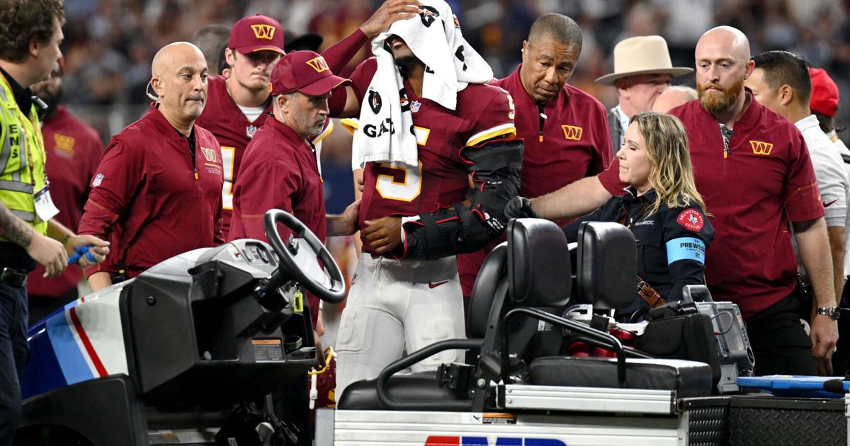 Commanders QB Jayden Daniels dislocates his left elbow for the second time in less than a year | National Sports
