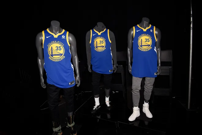 Sep 15, 2017; Culver City, CA, USA; Golden State Warriors jerseys on display during the Nike and Sony press conference at Sony Studios. Mandatory Credit: Kelvin Kuo-USA TODAY Sports