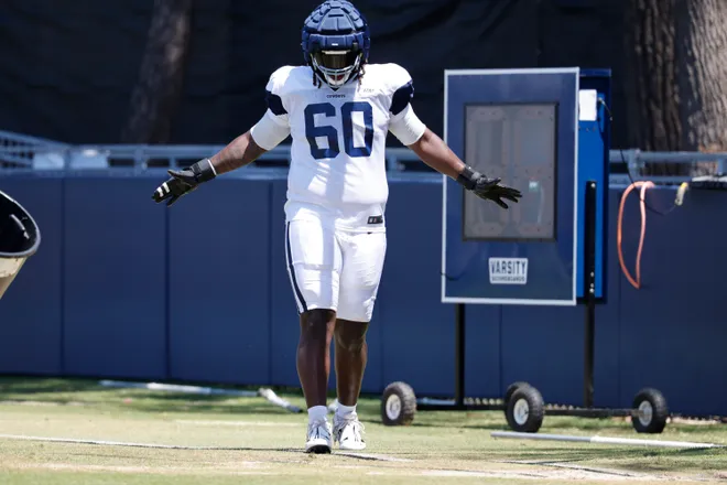 OXNARD, CALIFORNIA - JULY 30: Offensive tackle Tyler Guyton #60 of the Dallas Cowboys stretches during training camp on July 30, 2024 in Oxnard, California. (Photo by Kevork Djansezian/Getty Images)