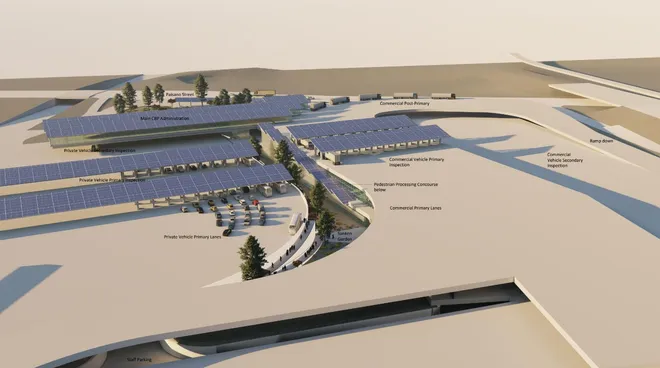 Richter Architects produced this rendering that was used during community meetings to show the scope of the modernization project proposed for El Paso's Bridge of Americas land port of entry. This image shows an aerial view of the project looking north into the U.S. and El Paso.