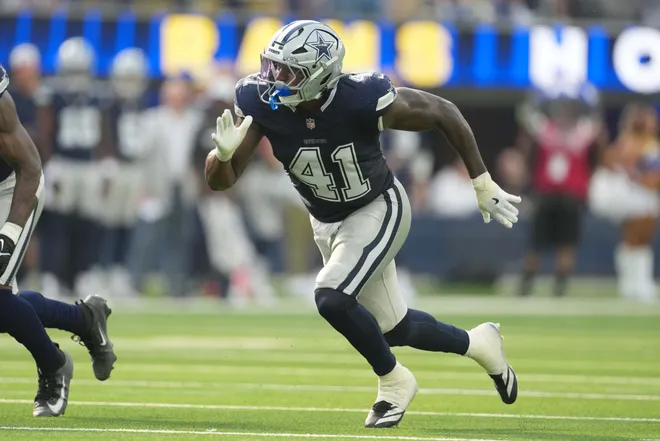 Aug 9, 2025; Inglewood, California, USA; Dallas Cowboys defensive end Donovan Ezeiruaku (41) against the Los Angeles Rams in the first half at SoFi Stadium. Mandatory Credit: Kirby Lee-Imagn Images