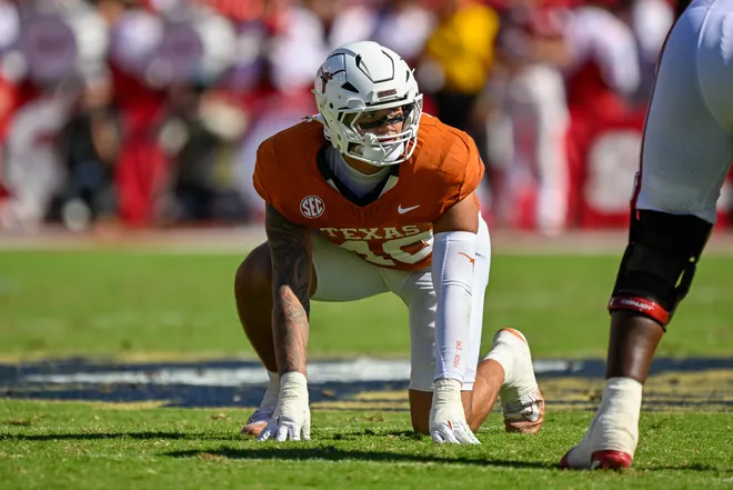 Oct 11, 2025; Dallas, Texas, USA; Texas Longhorns defensive end Lance Jackson (40) during the game between the Texas Longhorns and the Oklahoma Sooners at the Cotton Bowl. Mandatory Credit: Jerome Miron-Imagn Images