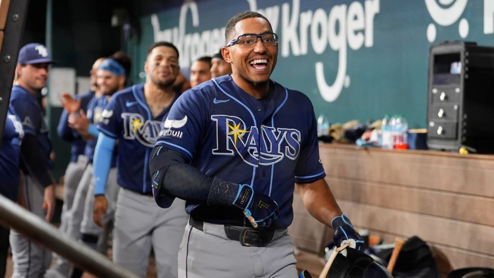 Tampa Bay Rays' Richie Palacios celebrates his solo home run with the team during the fourth inning of a baseball game against the Texas Rangers Friday, Sept. 4, 2026, in Arlington, Texas. (AP Photo/Tony Gutierrez)