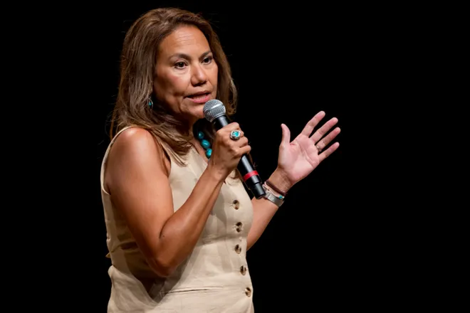 U.S. Rep. Veronica Escobar, D-El Paso, speaks during a town hall hosted by Texas state Rep. James Talarico, who is running for U.S. Senate, on Saturday, July 10, 2026, at the Plaza Theatre in El Paso, Texas.