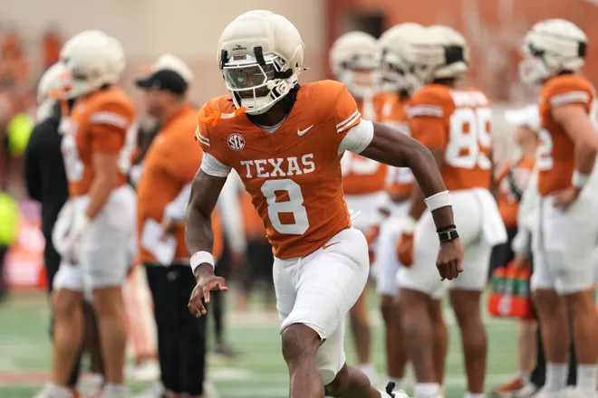 Cam Coleman #8 of the Texas Longhorns runs a route during the Texas Spring Football Game at Darrell K Royal-Texas Memorial Stadium on April 18, 2026 in Austin, Texas.