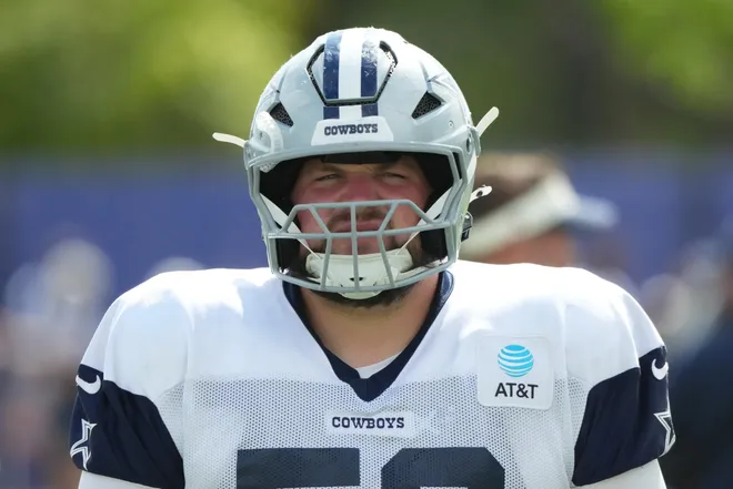 Aug 11, 2026; Woodland Hills, CA, USA; Dallas Cowboys center Cooper Beebe (56) during a joint practice against the Los Angeles Rams at the Rams Practice Facility. Mandatory Credit: Kirby Lee-Imagn Images