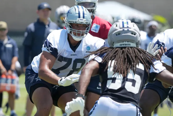 Aug 1, 2026; Oxnard, CA, USA; Dallas Cowboys offensive tackle Terence Steele (78) defends against linebacker Jaishawn Barham (55) at training camp at River Ridge Playing Fields. Mandatory Credit: Kirby Lee-Imagn Images