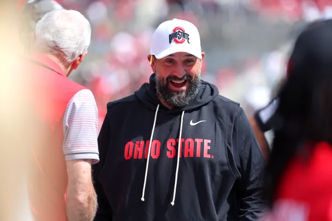 Sep 5, 2026; Columbus, Ohio, USA; Ohio State Buckeyes defensive coordinator Matt Patricia on the field before the game against the Ball State Cardinals at Ohio Stadium. Mandatory Credit: Joseph Maiorana-Imagn Images