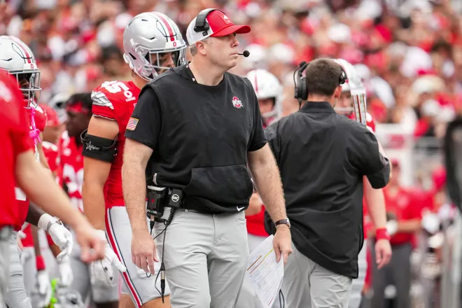 Ohio State Buckeyes offensive coordinator Arthur Smith watches during the NCAA football game against the Ball State Cardinals at Ohio Stadium in Columbus on Sept. 5, 2026.