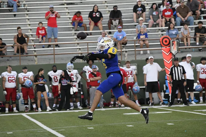 A Legacy defender goes to knock a pass down during the Leopards' homecoming game against Lubbock Monterey on Friday, Sept. 11, 2026.