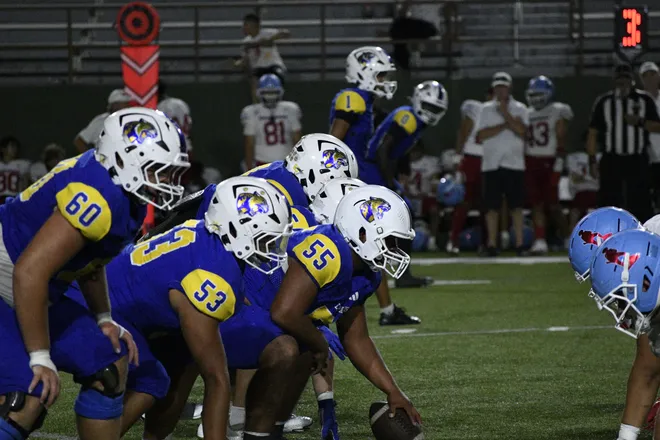 The Leopards' offensive line gets set during Legacy football's 42-14 homecoming win over Lubbock Monterey on Friday, Sept. 11, 2026.