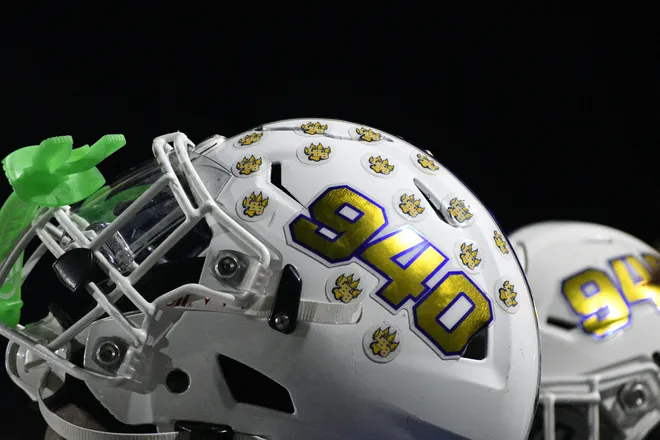 A player's helmet sits on his head during Legacy football's 42-14 homecoming win over Lubbock Monterey on Friday, Sept. 11, 2026.