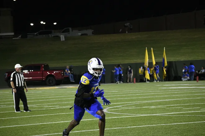 Senior receiver Jourian Wiggins runs a route during Legacy football's 42-14 homecoming win over Lubbock Monterey on Friday, Sept. 11, 2026.