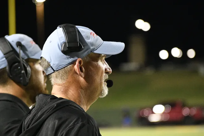 Lubbock Monterey head coach Jason Sims watches his team during Legacy football's 42-14 homecoming win over the Plainsmen on Friday, Sept. 11, 2026.