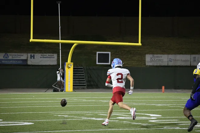 Lubbock Monterey's Noah Alexander goes to recover a punt during Legacy football's 42-14 homecoming win over the Plainsmen on Friday, Sept. 11, 2026.