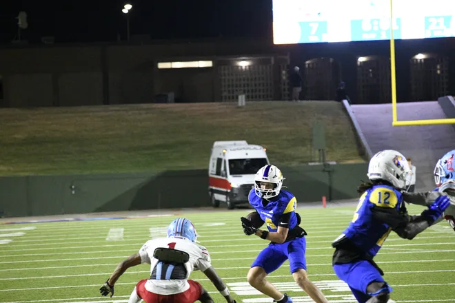 Junior receiver Ben Barnard runs with the ball during Legacy football's 42-14 homecoming win over Lubbock Monterey on Friday, Sept. 11, 2026.