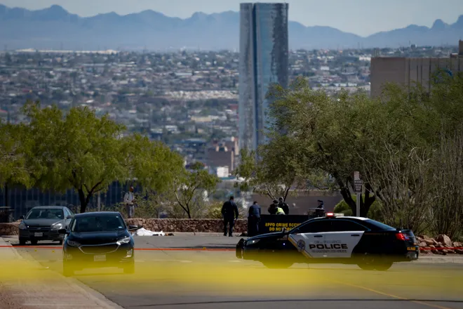 El Paso police officers examine the scene of a shooting at Tom Lea Park in West El Paso on Saturday, Sept. 12, 2026.”