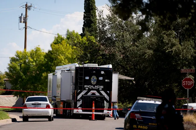 An El Paso Police Department mobile command vehicle sits behind police tape near Tom Lea Park as officers investigate a shooting in West El Paso on Saturday, Sept. 12, 2026.