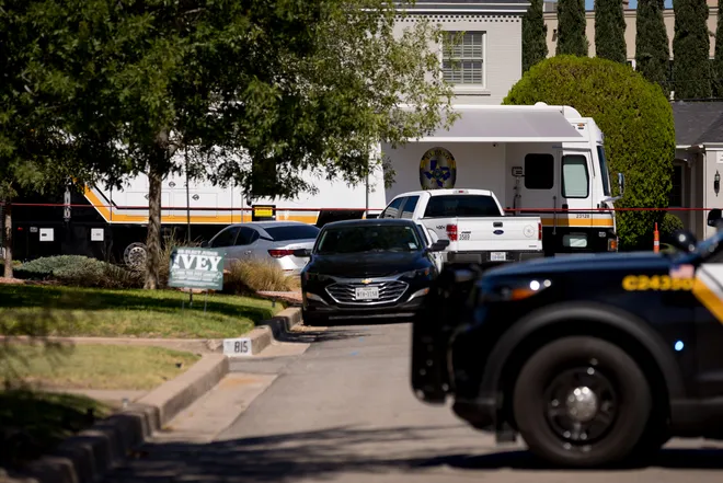 An El Paso Police Department mobile command vehicle sits behind police tape near Tom Lea Park as officers investigate a shooting in West El Paso on Saturday, Sept. 12, 2026.